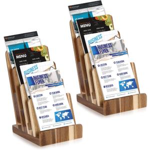 2 Pack 4 Tier Acacia Wood Brochure Holder Stand 6 x 9 inchLiterature Holder Flyer holder for 5.5 x 8.5 inch 5 x 7 inch Booklets Pamphlets Menus Magazines Multi Purpose Organizer