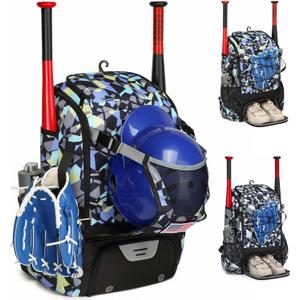 Softball Bag,Softball Bat Bag For Youth Adults,Baseball Bag with Fence Hook for TBall Bat & Equipment,Lightweight Baseball Bat Backpack with Shoe Compartment,Large Main Compartment for Helmet (Blue camouflage)