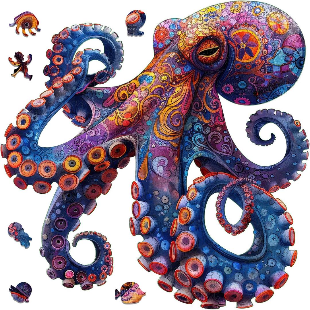 Mys Aurora Octopus Puzzles for Adults 500 Pieces, 5MM Thick Wooden Jigsaw Puzzles, Unique Shape Puzzle Ocean Wood Puzzles for Adults and Kids Birthday Gifts Family Game 17 * 17inch