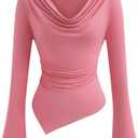 PRETTYGARDEN Womens Bell Long Sleeve Shirts Casual Cowl Neck Asymmetrical Slim Fit Crop Tops Y2K Going Out Spring Clothes (Pink, M)