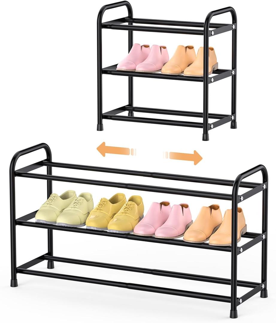 Expandable 3 Tier Shoe Rack for Closet Floor, 16"-30" Adjustable Small Shoe Organizer for Entryway, Front Door & Dorm, Space Saving Metal Shoe Shelf for Small Spaces, Black