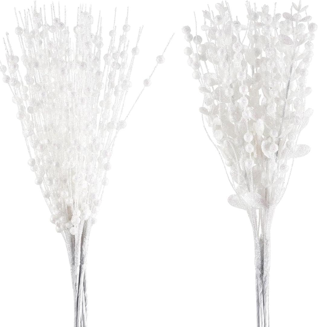 24-Pack Christmas Tree Picks Ornaments, Artificial Glitter Berry Stem Glittery Twigs Ornaments for Christmas Tree Decorations, Small Vase, Holiday, Wedding, Party Decorations (White)