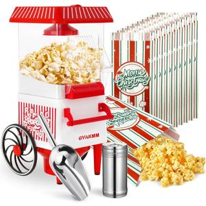 Popcorn Machine, Hot Air Popcorn Maker Kit Gift Box, Portable Home Popcorn Popper Machine, 10-Cup,Oil-Free,Retro Style,Compact and Cute (Red/White)
