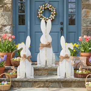 GlikCeil 3 Pcs Easter Bunny Decor for Porch Easter Wooden Porch Sign Farmhouse Freestanding Rabbit with Ribbon for Outdoor Front Door Yard Garden