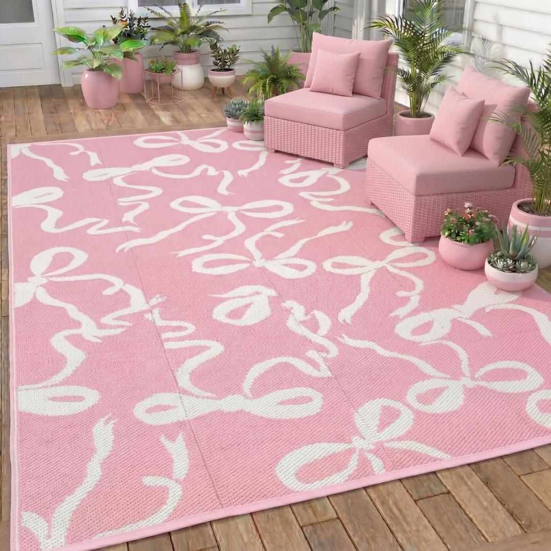 Nuanchu Outdoor Rug 5x8 ft Reversible Bow Plastic Straw Rugs, Light Pink and Beige Coquette Camping Carpet Patio Mat Indoor Outdoor Rv Mat for Valentine's Day Outside Beach Pool Patio Backyard Deck