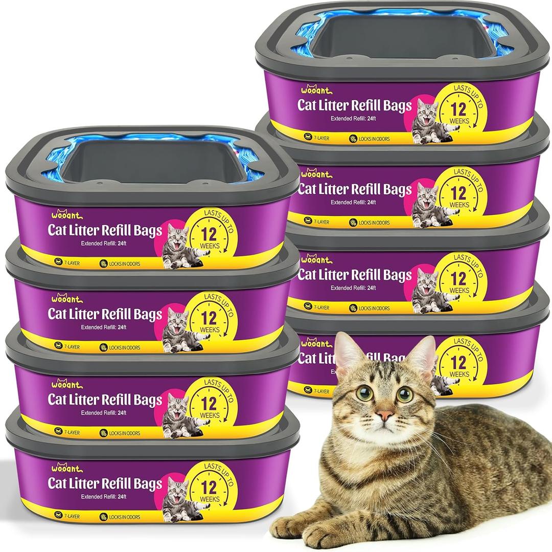 Cat Litter Refill Bags Cartridge 8 Pack 24FT, Compatible with Pet Genie Standard/Plus/Style Pail Refills, 7-Layer Odor Control & Leak-Proof Waste Bags, Lasts Up to 96 Weeks