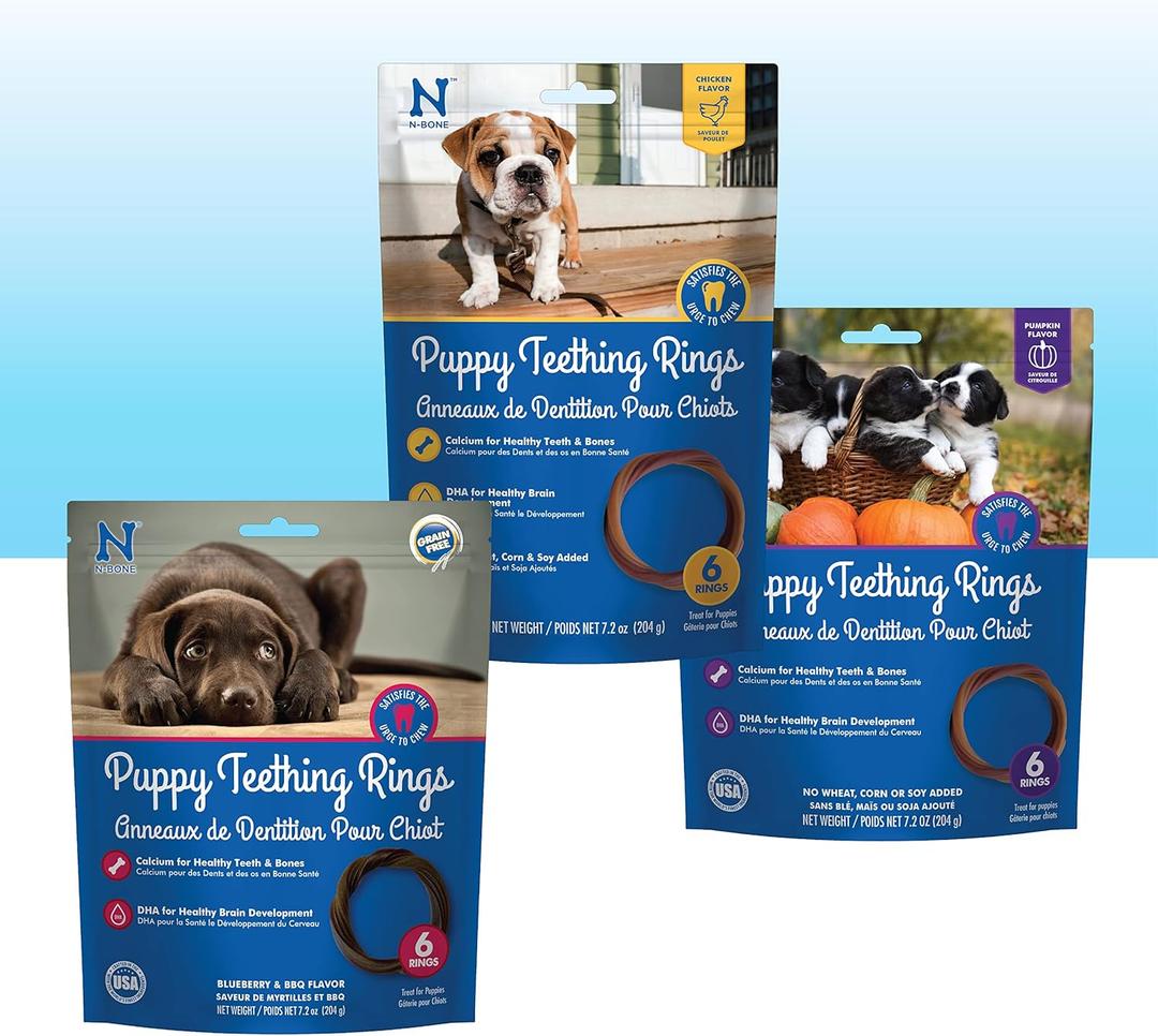 N-Bone Puppy Teething Rings 6 Count Bag Variety Pack, Chicken & Pumpkin & Blueberry BBQ Flavor, Total 3 Bags, 21.6-oz, 18 Rings (EXP 05/04/27)