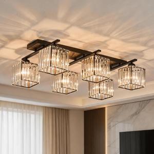 Flush Mount Ceiling Light Crystal Shade Chandelier Modern Lighting Fixture for Bedroom Living Room Dining (6 Lights Black)