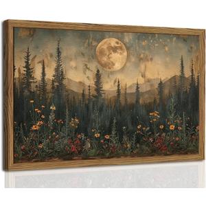Vintage Nature Forest Wall Art Dark Moon Landscape Painting Wall Decor Woodland Picture Artwork 3D Textured Hand Drawn Sandstone for Farmhouse Bedroom Living Room 16x24 inch Wood Framed