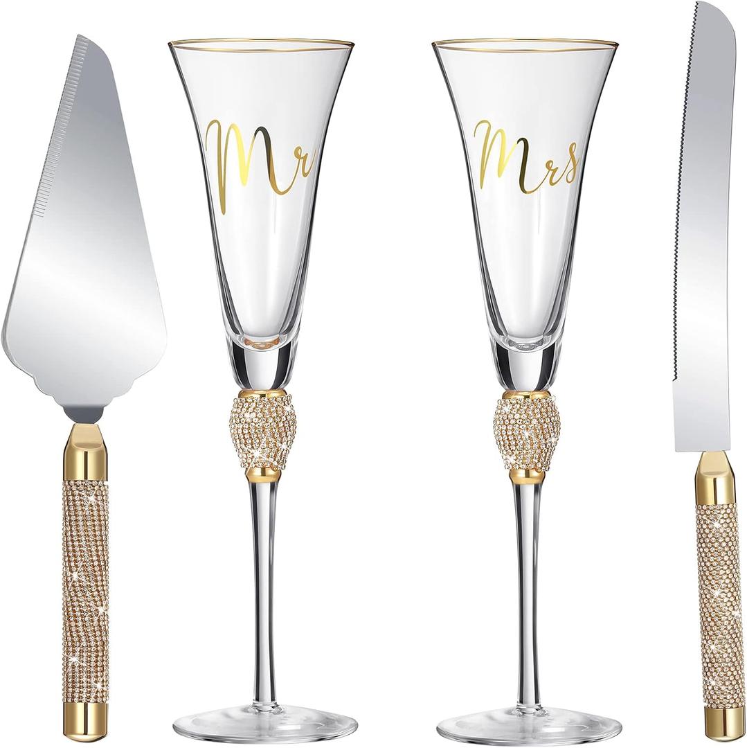 4 Piece Wedding Cake Knife and Champagne Flutes Server Set Mr and Mrs Toasting Flutes Crystal Rhinestone Cake Cutting Set for Bride and Groom Wedding Engagement Bridal Shower Gifts(Gold)