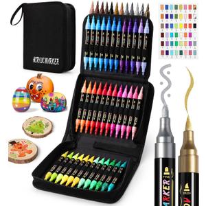 Dual Tip Acrylic Paint Markers, Paint Pens with Fine Tip and Brush Tip Pens, Coloring Markers No Bleed, for Paper, Pottery, Stones, Backpacks, Glass, Eggs, Fabrics, Plastics, Handicrafts