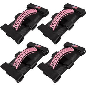 4 x Roll Bar Grab Handles Grip Handle for Jeep Wrangler JK JKU JL JLU TJ YJ Sport Sahara Freedom Rubicon Unlimited Gladiator JT 1955-2023 UTV ATV Premium Paracord Interior Accessories US Flag (Pink)