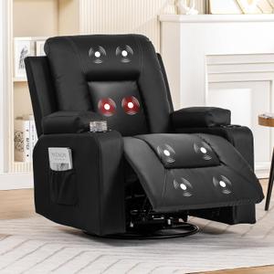 COMHOMA Recliner Chair, Swivel Rocker Recliners, Massage and Heat Reclining Chair, Reclining Sofa with Side Pockets, Cup Holders for Living Room, Bedroom (Black)