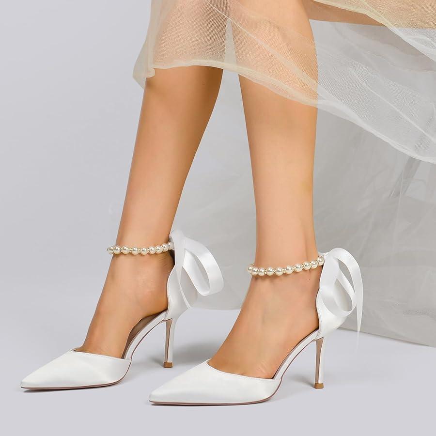 Women's Satin Bridal Shoes Pointed Toe High Heel Pumps with Pearl Ankle Strap and Bow Evening Party Dress Shoes Wedding Heels, US 6