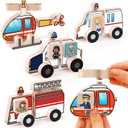 Aizweb Emergency Vehicle Toys,Wooden Police Car, Fire Truck, Ambulance, Helicopter,STEM Kit Fine Motor Blocks Educational Learning Montessori for 4-8 Year Old Boys Girls Community Helper