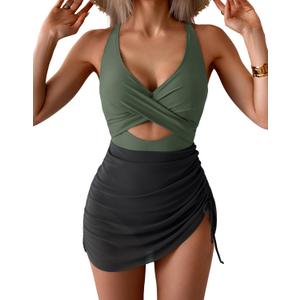 B2prity Women Mesh One Piece Swimdress Swimsuit Tummy Control V Neck Cutout Bathing Suit Wrap Drawstring Sarong Swimwear (X-Large, Army Green,black)