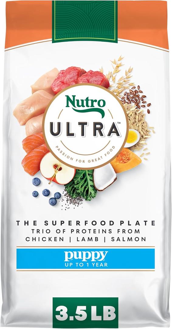 Nutro Ultra High Protein Puppy Dry Dog Food, Chicken, Lamb & Salmon, 3.5 lb | Protein trio, Non-GMO, DHA for brain & eye development, 14 superfoods, no corn, wheat, soy, Omega 3 & 6, tailored for puppies (EXP 04/29/26)