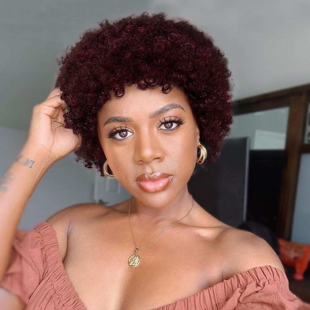 WIGER Short Curly Afro Wigs Human Hair for Black Women Kinky Curly Wigs 99J None Lace for African American Lady for Daily Use