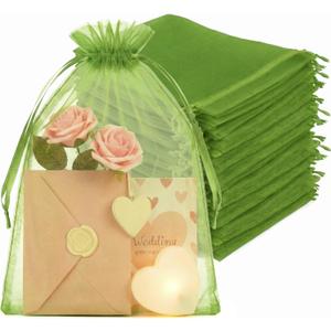 Crweety 50PCS Green Organza Bags 8x12 Large, Mesh Bags Drawstring Baggies for Gifts Treats Jewelry Sachet Candy, Party Favor Goodie Bag Pouches for Wedding Birthday Mother's Day, Fruit Protection Bag
