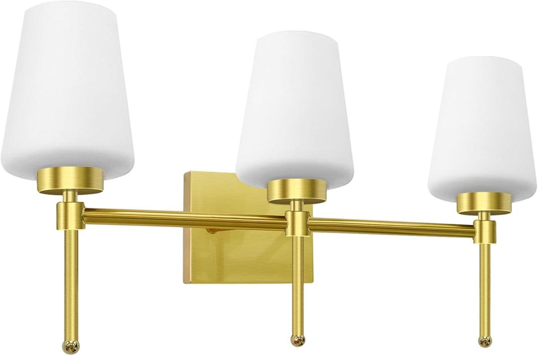 Bathroom Vanity Light Fixtures Brushed Brass Over Mirror with Milk Glass Shade Wall Sconce Lighting Lamp Bath 3-Lights (Exclude E26 Bulb) (3T, Brushed Brass)