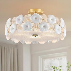 20" Gold Modern Semi Flush Mount Ceiling Light Fixture with Glass & Ceramic Flowers, 5-Light Glass Drum Chandelier for Living Room Dining Room Kitchen Bedroom Bathroom Entryway Hallway Closet Laundry