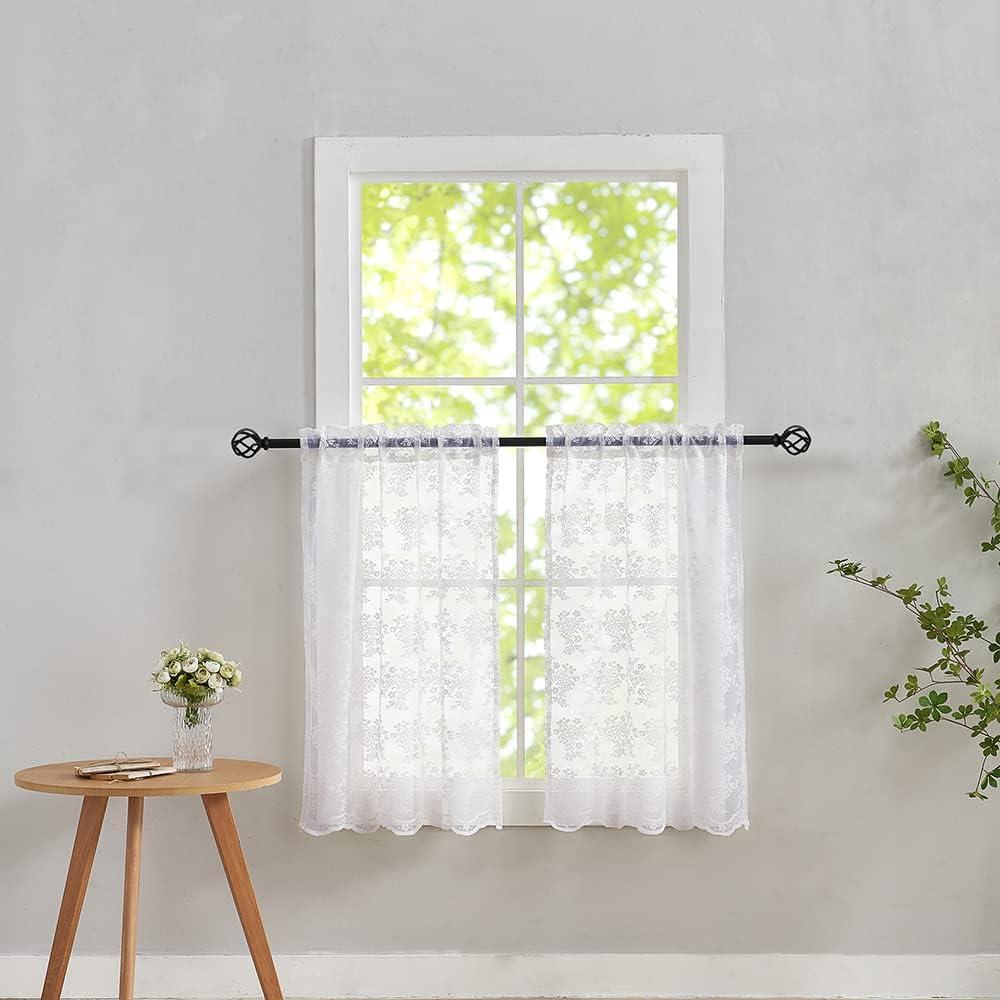 YJ YANJUN White Lace Curtains - 36 Inch Length Country Cafe Kitchen Sheer Tier Short Curtains for Bathroom - 2 Panels 26 x 36 Inch