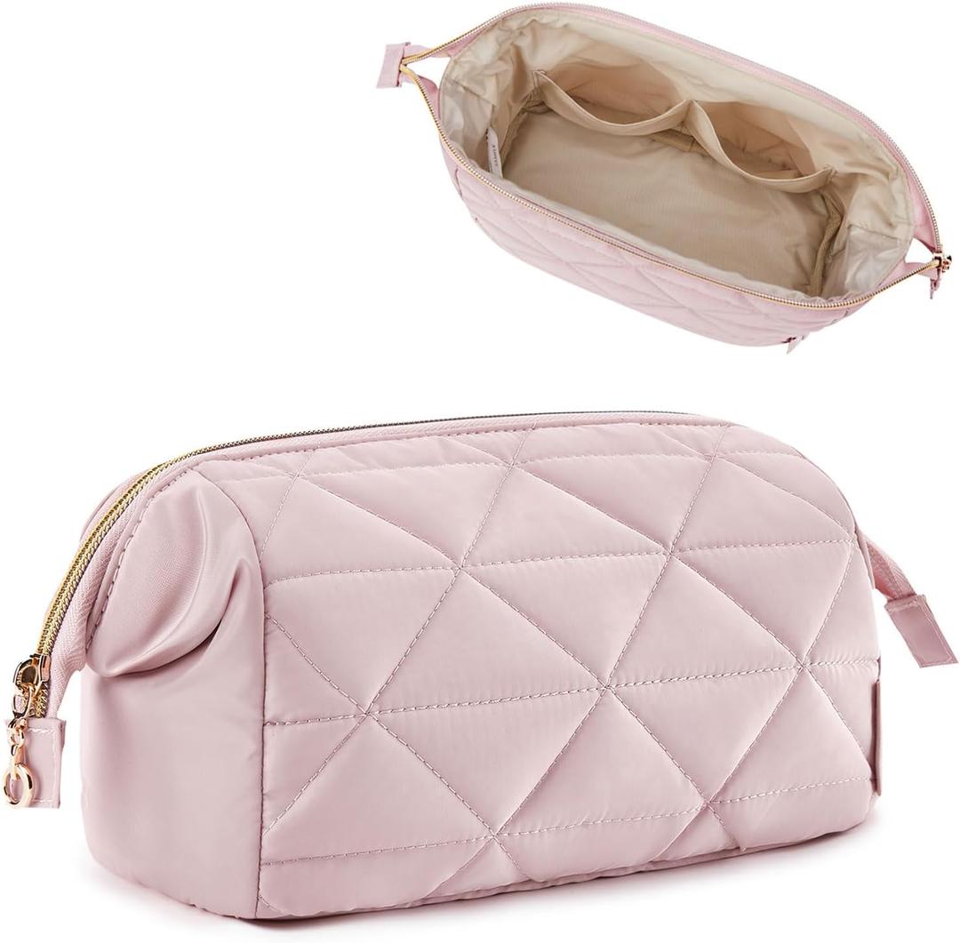 BAGSMART Makeup Bag Travel Cosmetic Bag, Puffy Padded Make Up Bags for Women Makeup Organizer Case, Wide-open Pouch Purse Travel Essentials Toiletries Accessories Brushes (Pink)