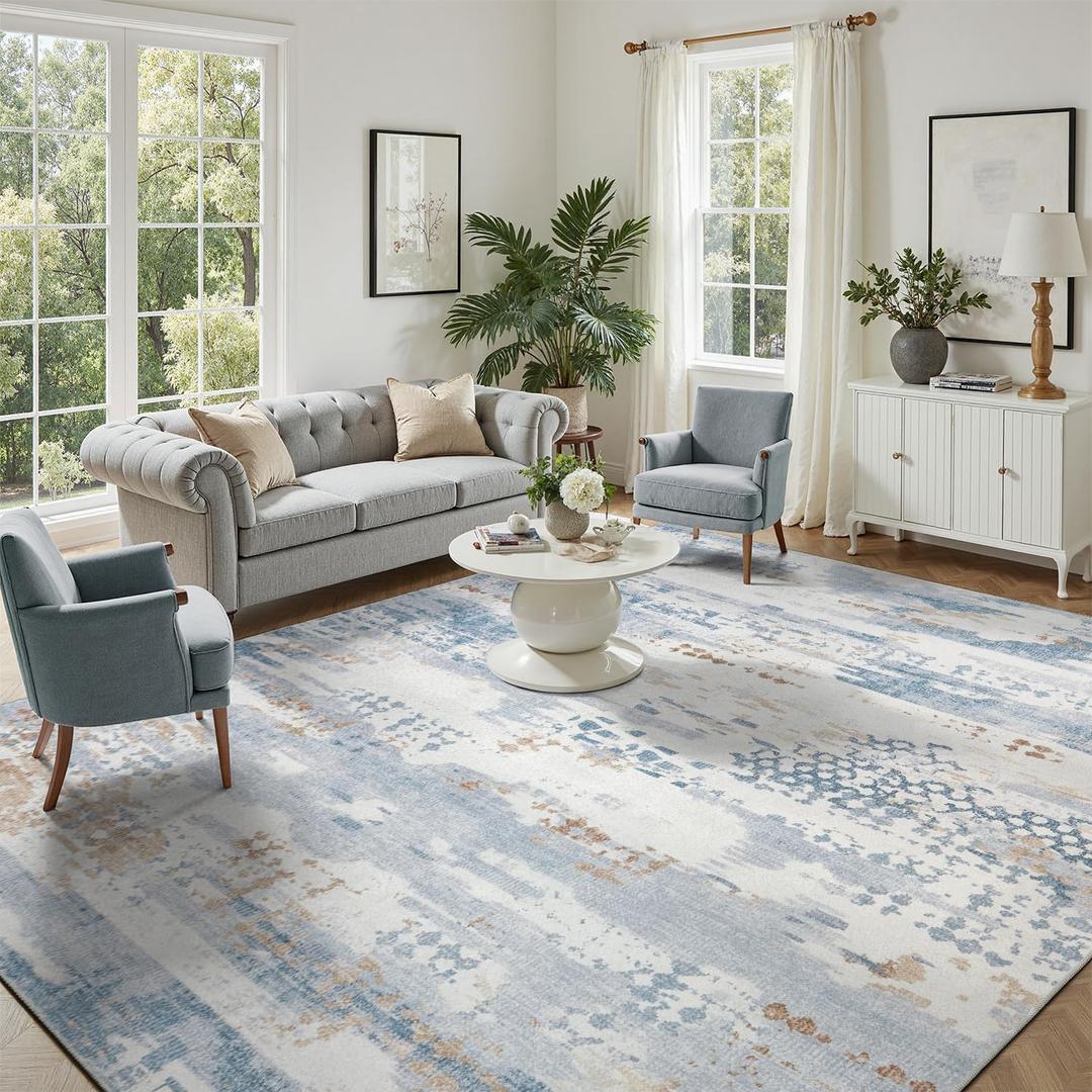 DCX Abstract Area Rug 8x10, Washable Blue Modern Rug for Living Room, Kid & Pet Friendly with Rubber Back Non Slip, Soft Low Pile Carpet, Stain Resistant Rug for Bedroom, Office, Dining Room