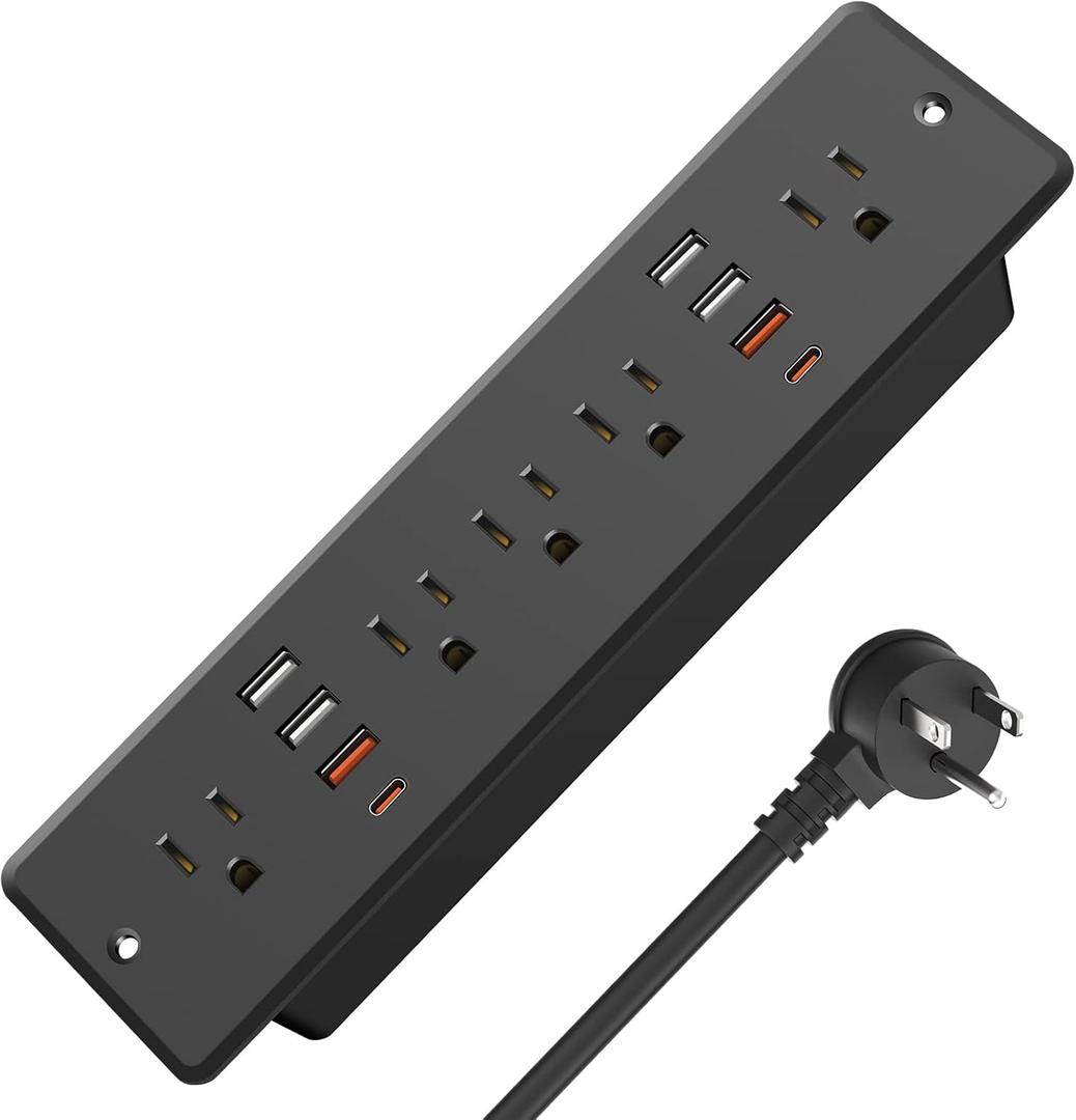 HHSOET 13 in 1 Recessed Power Strip Flat Plug, Fast Charging Furniture Outlet with USB, Conference Recessed Surge Protection Socket with 5 AC Plugs, 6 USB Ports 2 USB-C, 6ft Power Cord.(Black)