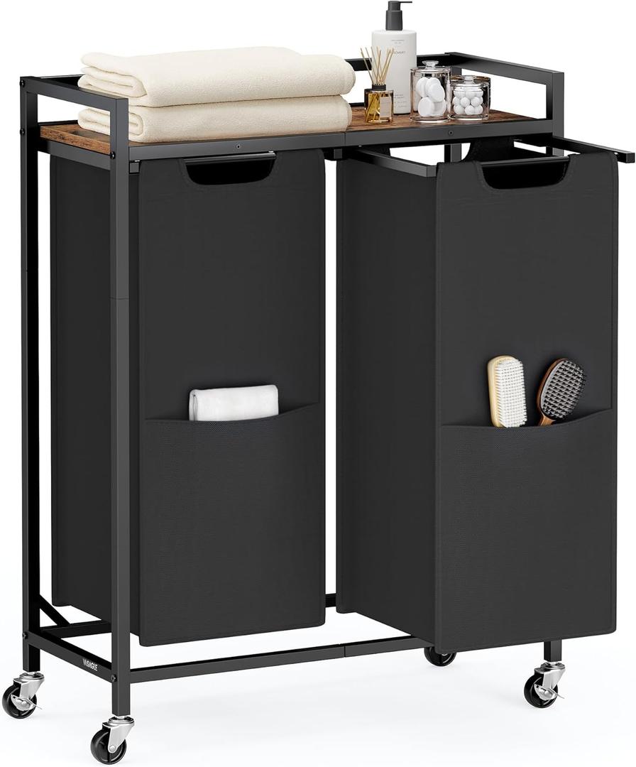 VASAGLE Laundry Sorter, 29 Gal. (110 L) Laundry Hamper Basket with 2 Compartments, Rolling Cart with Wheels, Shelf, Removable Bags, Pockets, Ink Black and Rustic Brown UBLH021B01