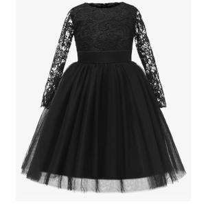 Flower Girl Dress Long Sleeves Lace Top Tulle Skirt Girls Lace Party Dresses,150m Black 