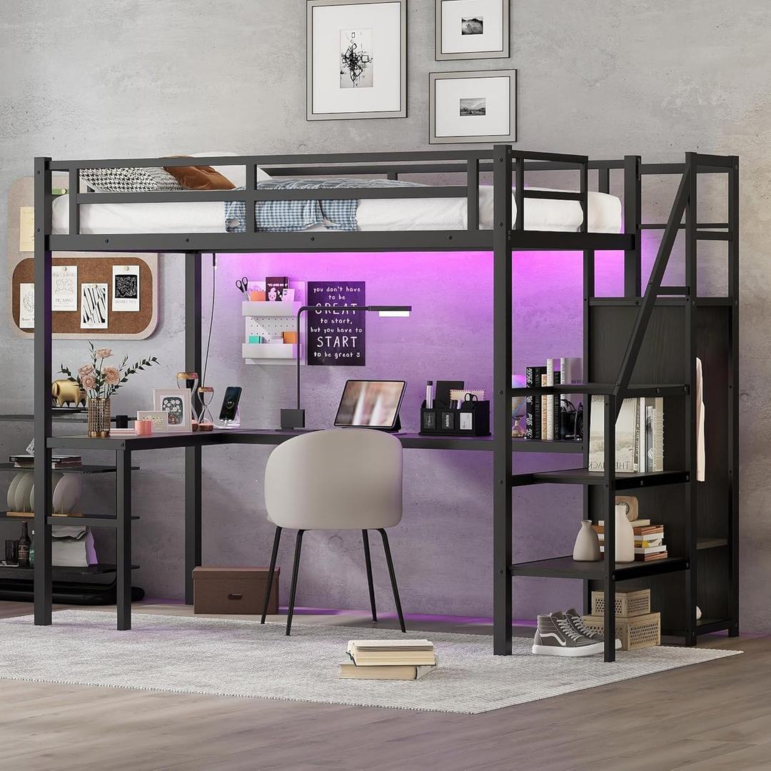 Metal Twin XL Size Loft Bed with Desk and Wardrobe,Heavy Duty Loft Bed Frame with Storage Stairs,LED Lights and Charging Station for Kids,Teens,Adults,Space Saving,Black