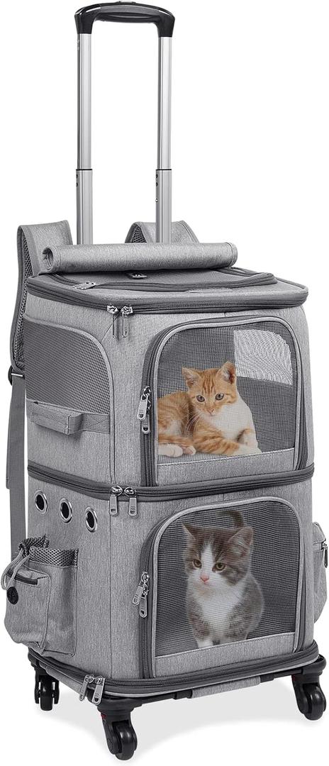 Double-Compartment Pet Carrier Backpack with Wheels for Small Cats and Dogs, Cat Rolling Carrier for 2 Cats, Perfect for Traveling/Taking a Walk/Trips to The Vet, Grey
