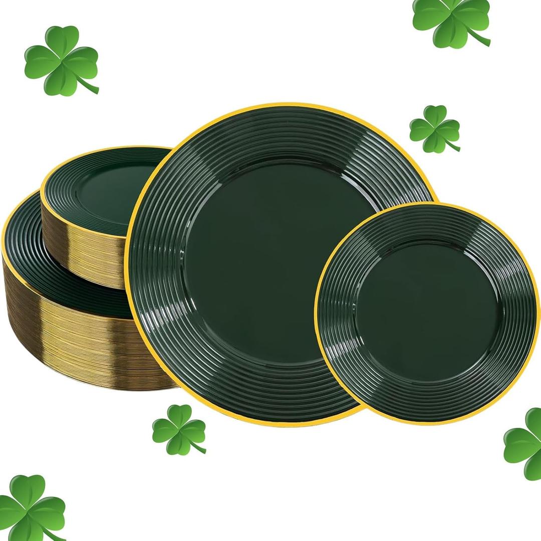 Liacere 100PCS Green Plastic Plates - Heavy Duty Disposable Plates - Green and Gold Plate 100PCS Dinner/Dessert Plate for Party & Christmas & New Years St. & Patrick's Day