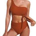 Pink Queen Women's One-Shoulder High-Waisted Bikini Set Two-Piece Tie Ruched Swimsuit, M