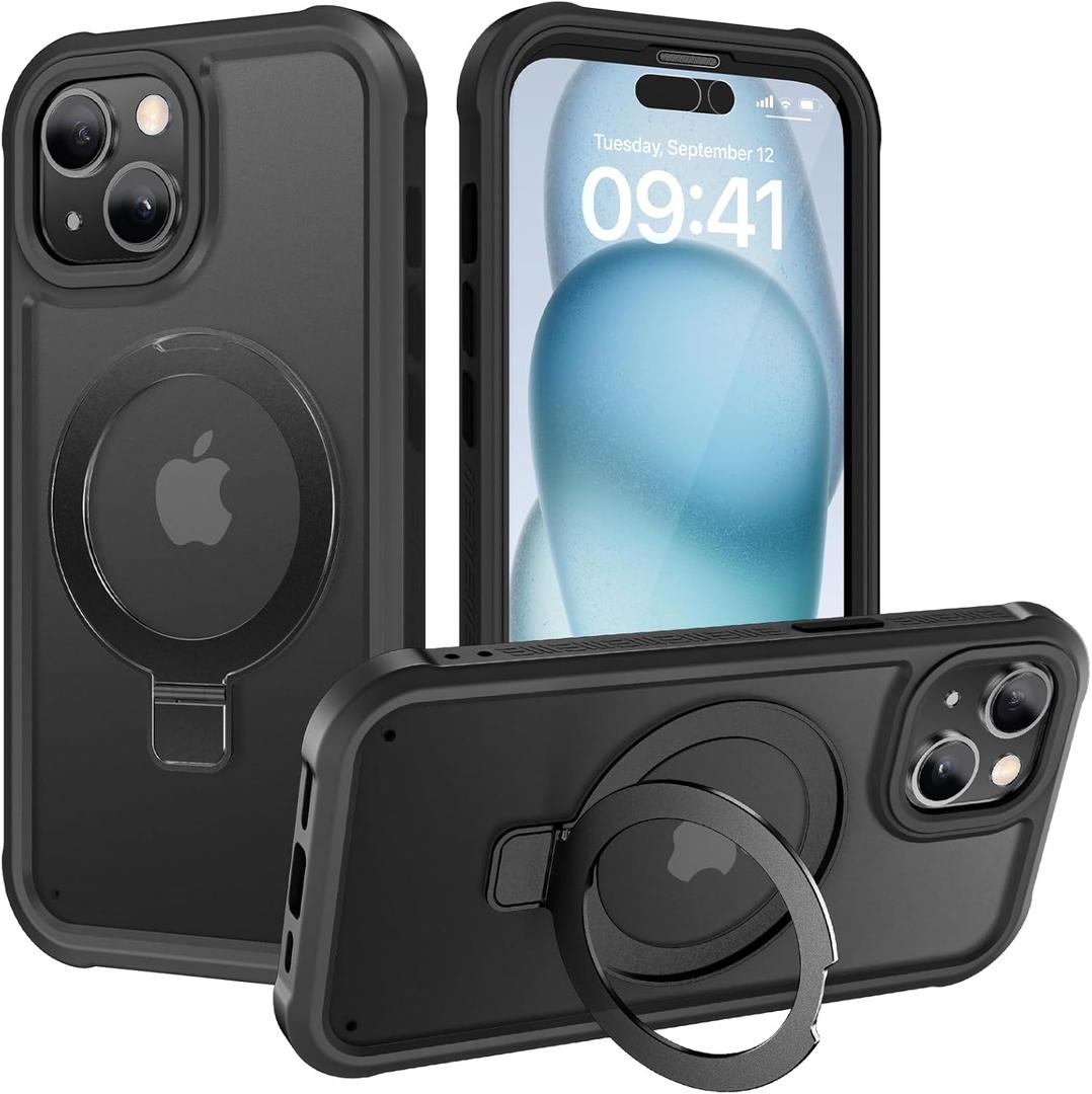 Diaclara Designed for iPhone 15 Plus Case 6.7'', Shockproof Full Body Rugged Case with Built-in Screen Protector + Ring Stand, Black