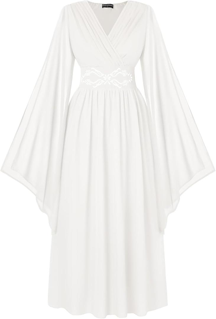 Scarlet Darkness Women's Renaissance Costume Wrap V Neck Medieval Dress Split Bell Sleeve Embroidery Fairy Dresses (Medium, White)