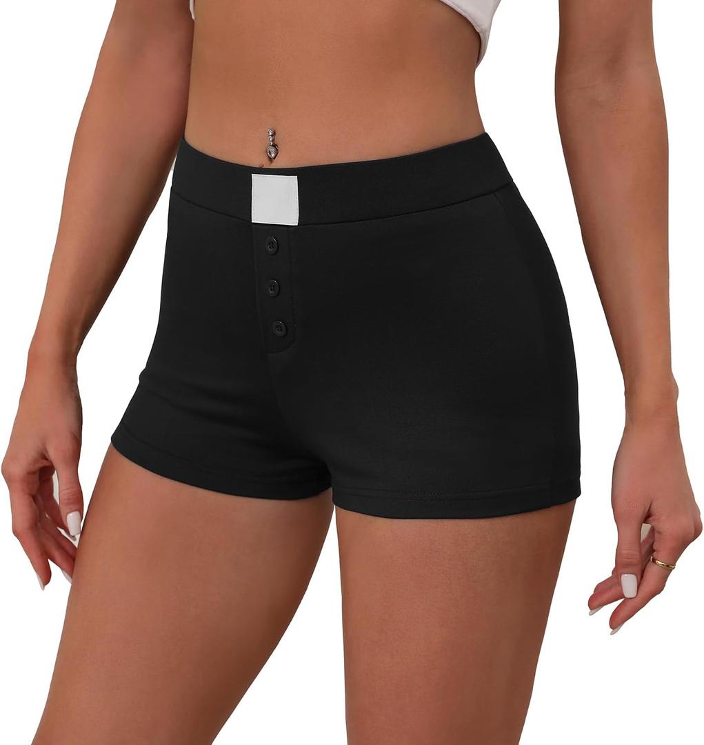 OLYCN Women's Micro Shorts Y2K Low Rise Slim Fit Elastic Button Front Comfy Shorts Sexy Pj Bottoms (Black)