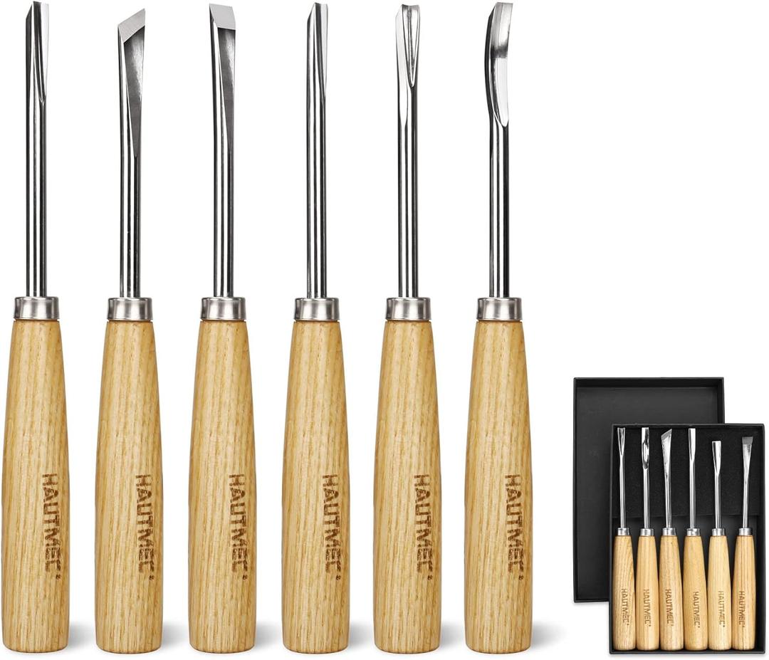 HAUTMEC Wood Carving Tools, 6-Piece Wood Chisel Sets, CRV Steel Blades with Rust-Resistant Electrolytic Coating, Fishtail V-Gouge Design for Fine Woodworking & Detailing  HT0236