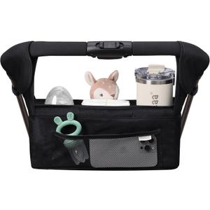 haakaa Stroll & Go Organiser with 2 Insulated Cup Holder - Black, Ultimate Stroller Organizer Universal Fit with Adjustable Non-Slip Straps & Hooks, Stroller Caddy Accessories with Shoulder Strap