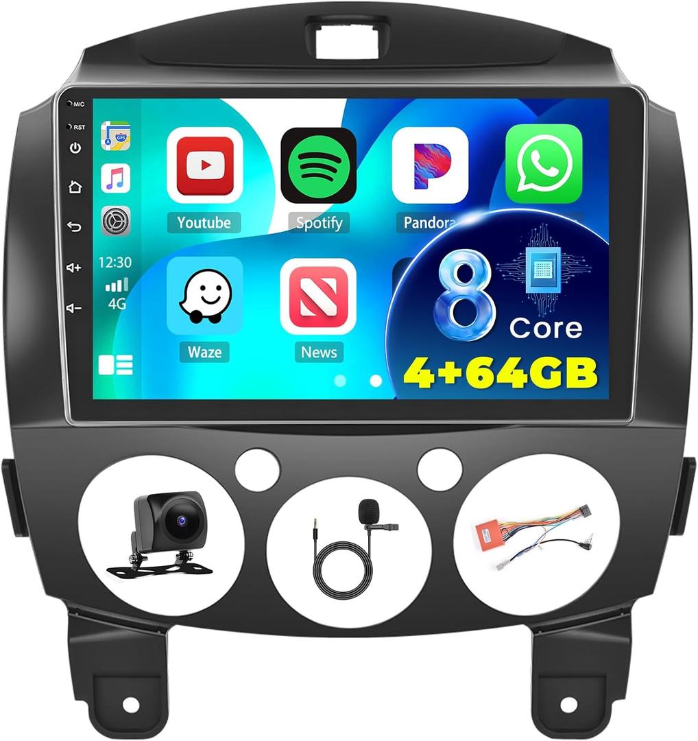 [8 Core 4+64G] Android 15 Car Stereo for Mazda 2 2007-2014 with Wireless Carplay Android Auto, 9" HD Touch Screen with GPS WiFi Bluetooth5.0 FM/RDS Radio 32EQ DSP SWC 59UI Backup Camera MIC