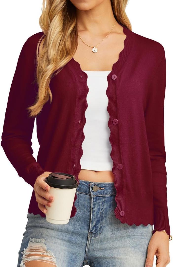 GRECERELLE Women's Long Sleeve V-Neck Button Down Cardigan Knit Shrugs Sweater (Wine Red, XS)