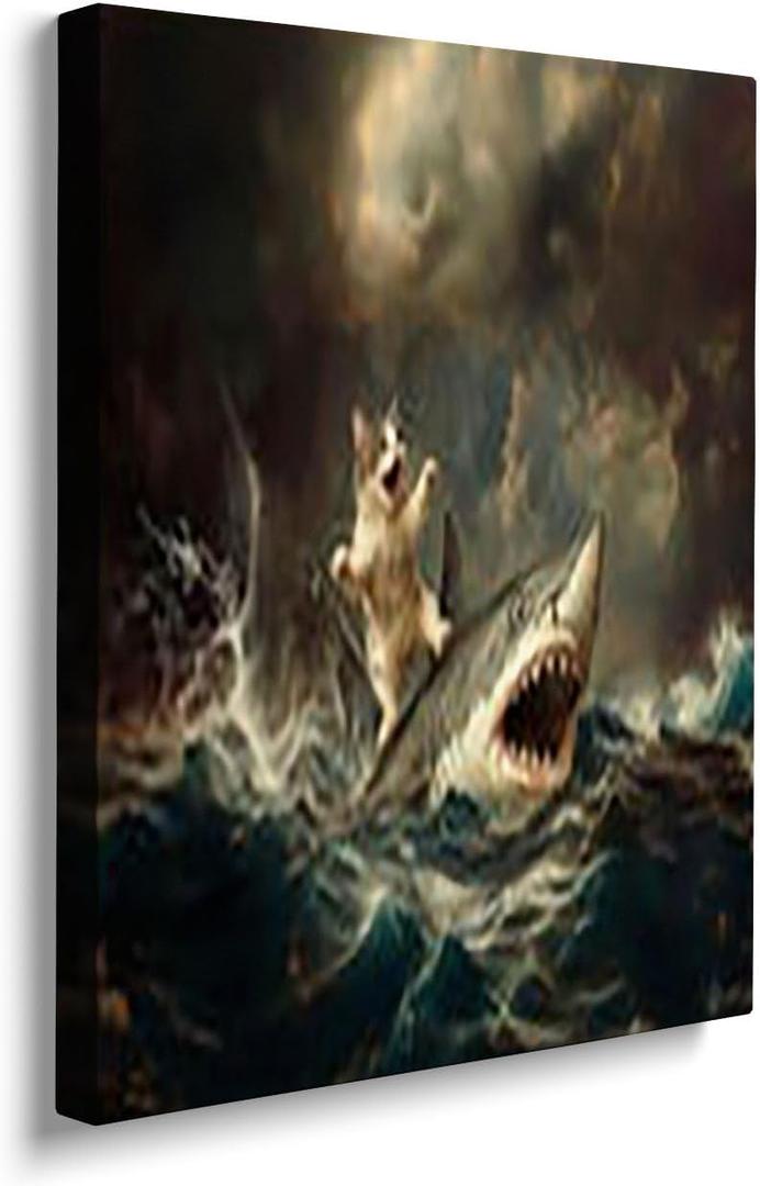 Cat Riding a Shark, Victorian painting, Funny Altered, Eclectic Printposter, Bathroom Wall Decor16x24inch Framed Art