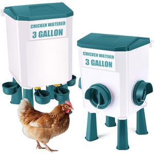 Chicken Feeder and Chicken Waterer Set, Automatic Chicken Feeder Hanging Poultry Waterer 3 Gallon with Water Cup and Feeding Ports, Chicken Coop Accessories (Blue)