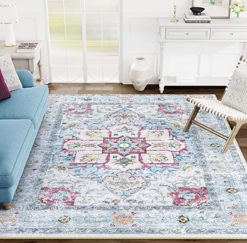 Eleisa 8x10 Area Rugs for Living Room, Fuchsia & Light Blue, Machine Washable Low Pile Area Rug, Stain Resistant Vintage Home Decor Rug for Bedroom, Dining Room, Home Office