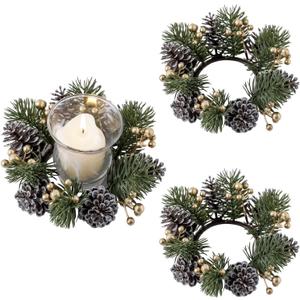 2 Pieces Christmas Candle Rings Wreaths,Artificial Flower Gold Berries Pinecones Snowy Pine Wreaths,Christmas Wedding Winter Candle Holders,Xmas Garland Home Table Centerpieces Decorations