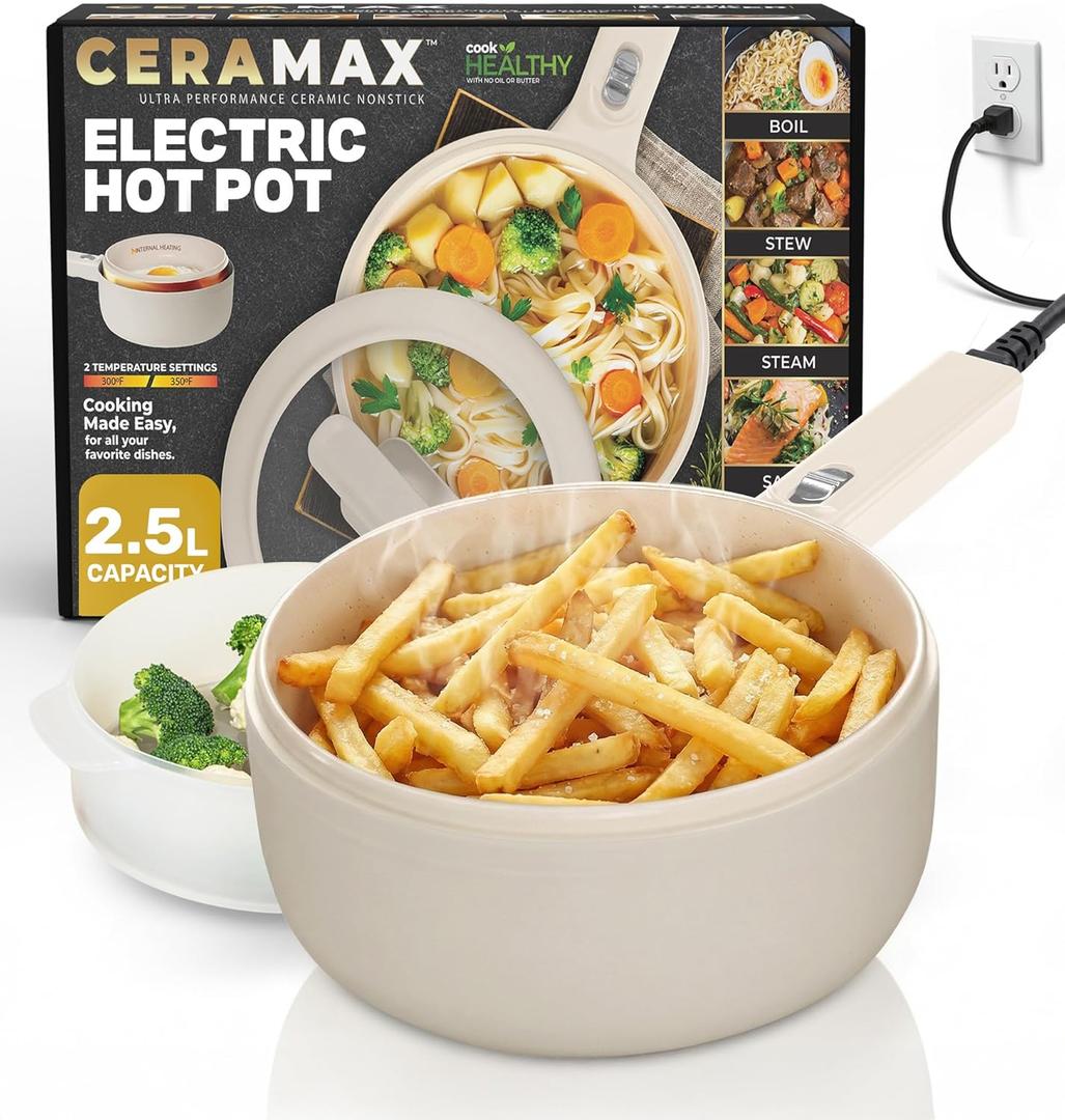 Ceramax PRO 2.5L Electric Hot Pot with Lid & Steamer, All in 1 Non Toxic Ceramic Cooker Skillet Hotpot and Deep Fryer Pot for Ramen, for Dorms, Camping, RVs, Adjustable Temp. - New Improved 2026 Model