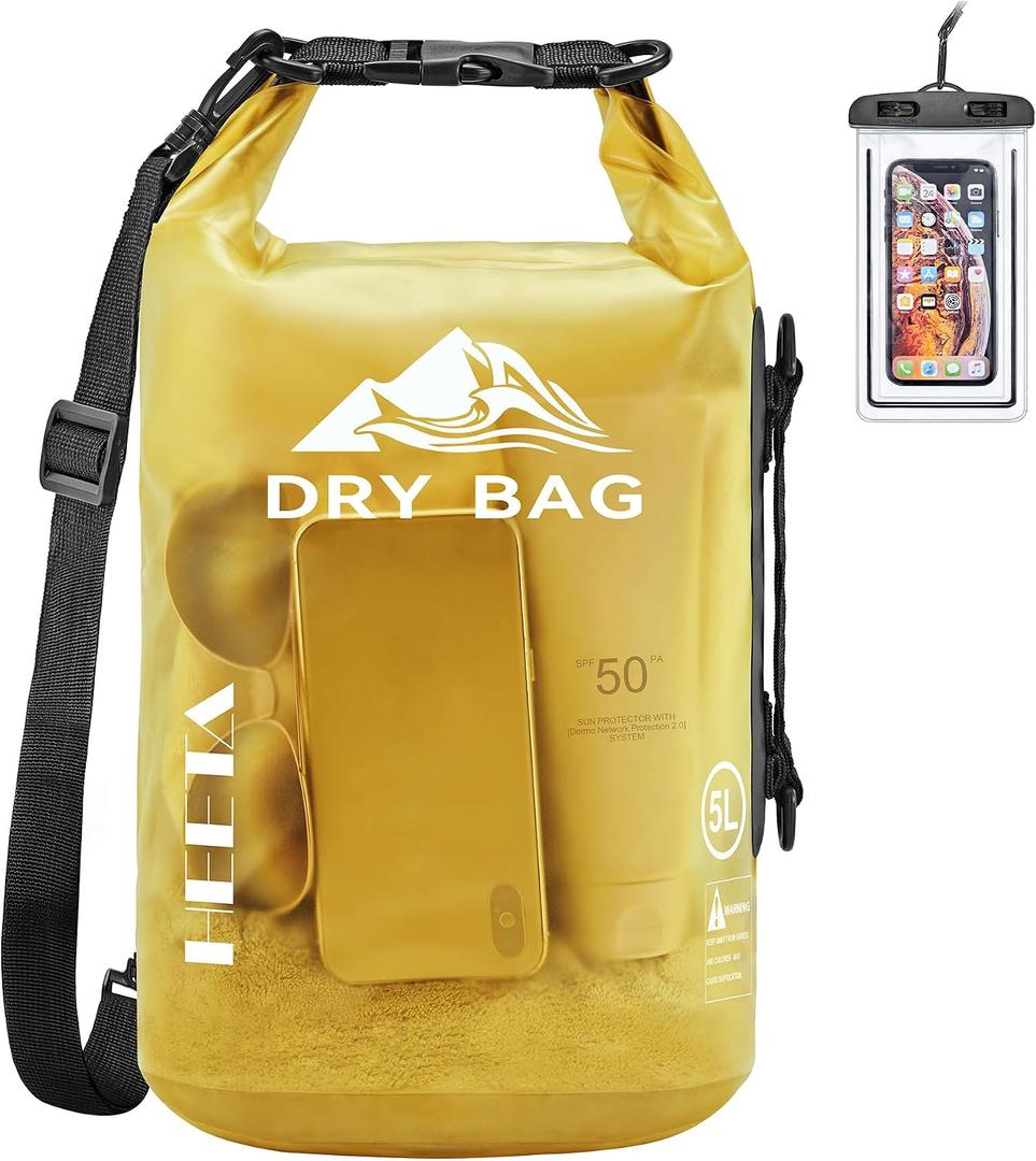 HEETA Dry Bag Waterproof for Women Men, Roll Top Lightweight Dry Storage Bag Backpack with Phone Case for Travel Swimming Boating Kayaking Paddle Board Camping Beach Accessories (Yellow, 10L)
