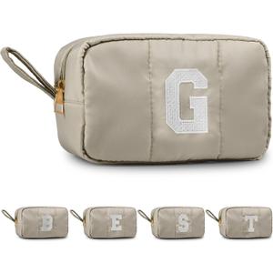 Puffy Makeup Bag for Women,Initial Cosmetic Bag,Cute Travel Toiletry Bag,Puffer Make Up Organizer Bags with Compartments,Personalized Gifts for Girlfriend Bridesmaid Teacher Graduation (Khaki gray, G)