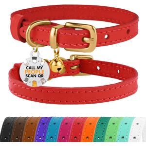 BRONZEDOG Leather Cat Collar with Removable Bells Non Breakaway Kitten QR Tag for Girl Boy (9" - 12" Cats/Mini Dogs, Red & Gold)